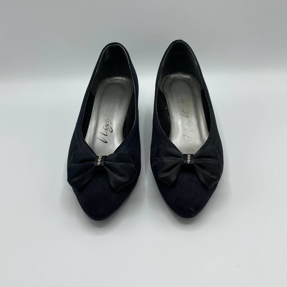 Vintage Black Fabric Heels w/ Satin Bow and Rhinestones /bh